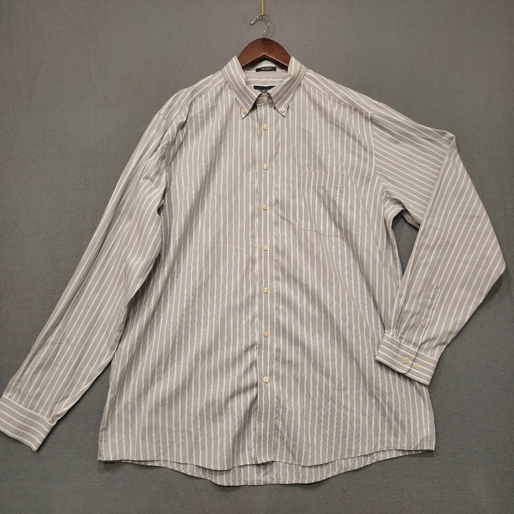 Edie Bauer‎ Mens Relaxed Fit Gray Striped Long Sleeve Button Up Shirt Sz XLT